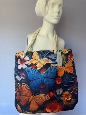 Floral Butterfly Rope-Handle Tote Bag in Multicolor by